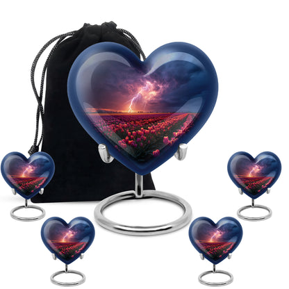 Icy Blue Garden Tulip Cremation Urn close-up of engraving and surface detail - heart-shaped garden tulip design symbolizing eternal love - memorial set with one large and four small urns