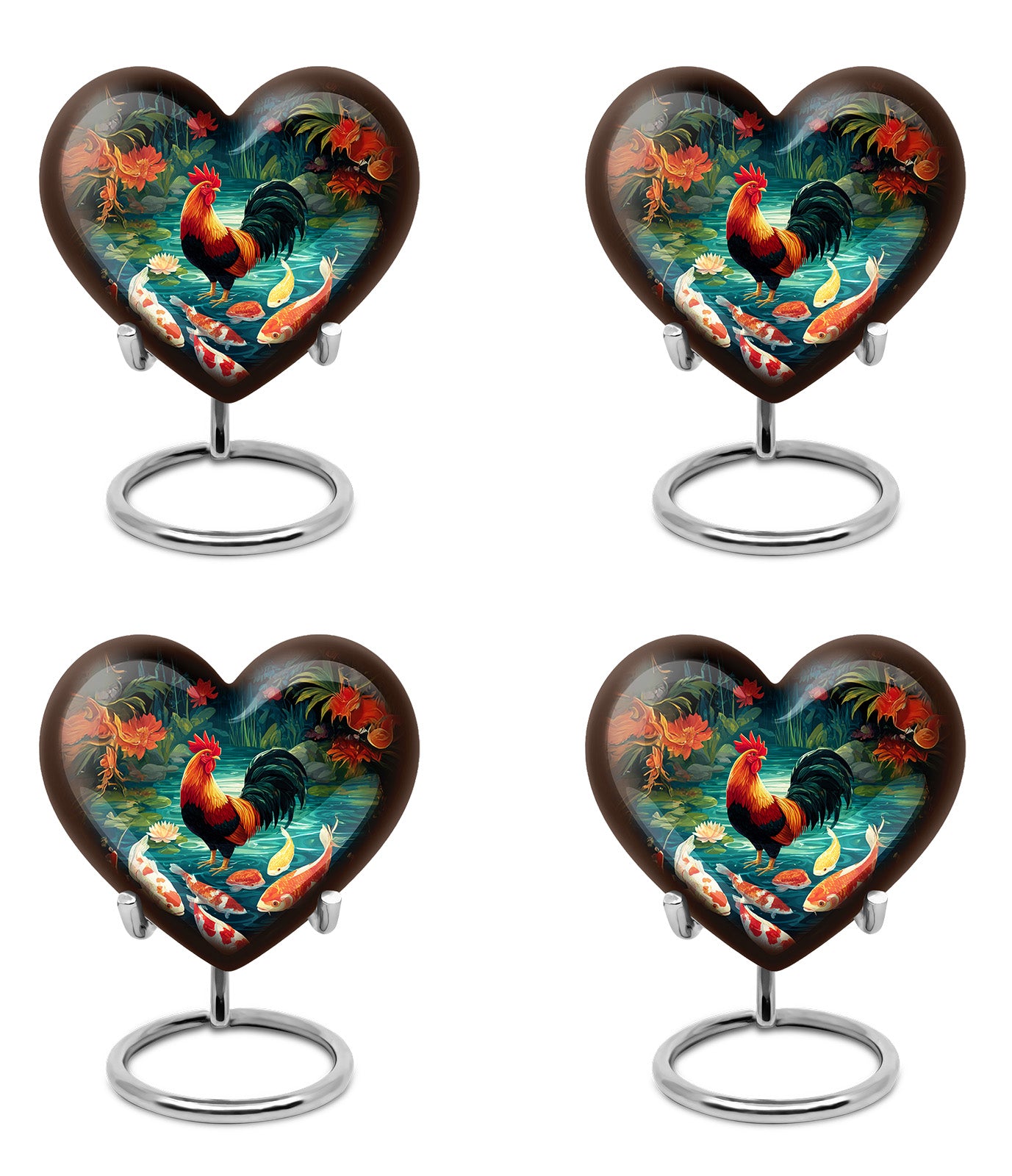 Dark Black Hen Cremation Urn angled view of lid and engraved motif - compassionate heart-hen combination with gentle curves - 10 inch aluminum urn for cremated remains