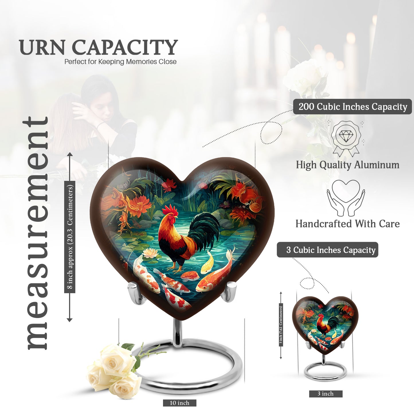 Rich Black Hen Cremation Urn front view showing detailed design - loving heart memorial featuring hen pattern - mini keepsake memorial for portion of cremation ashes