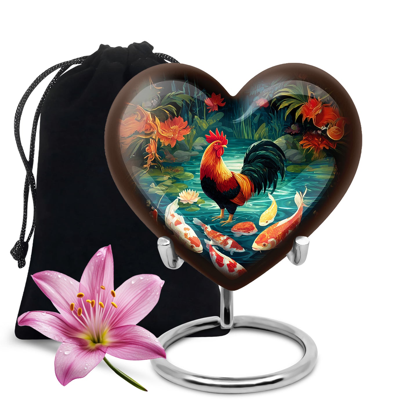 Charcoal Black Hen Cremation Urn detail view - romantic heart urn with hen motif on aluminum - full-size 10 inch 200 cubic inch adult cremation urn