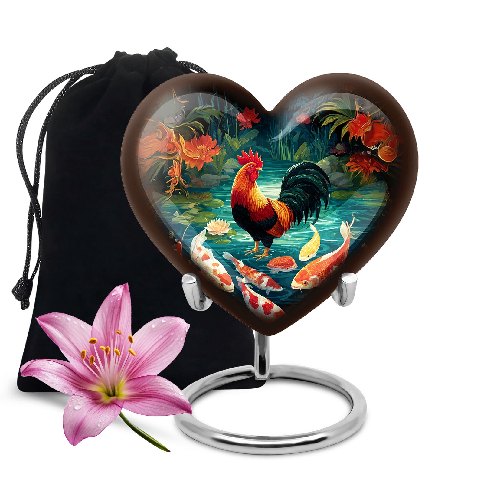 Charcoal Black Hen Cremation Urn detail view - romantic heart urn with hen motif on aluminum - full-size 10 inch 200 cubic inch adult cremation urn