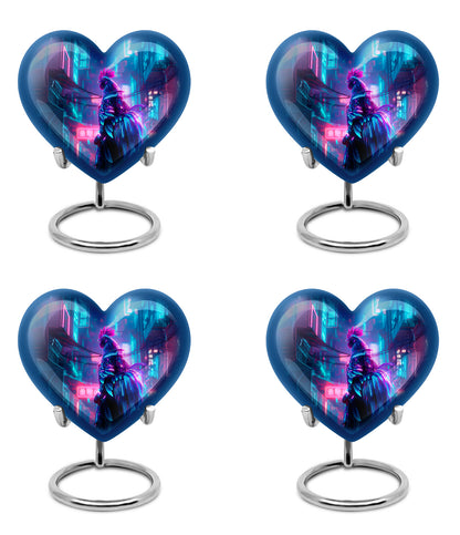 Indigo Hen Cremation Urn angled view of lid and engraved motif - loving heart memorial featuring hen pattern - 10 inch aluminum urn for cremated remains