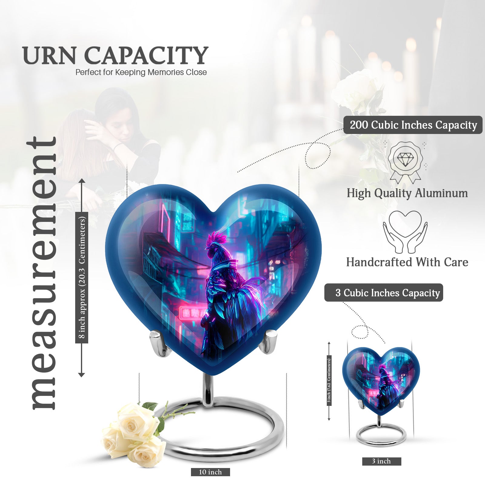 Sky Blue Hen Cremation Urn front view showing detailed design - loving heart memorial featuring hen pattern - mini keepsake memorial for portion of cremation ashes