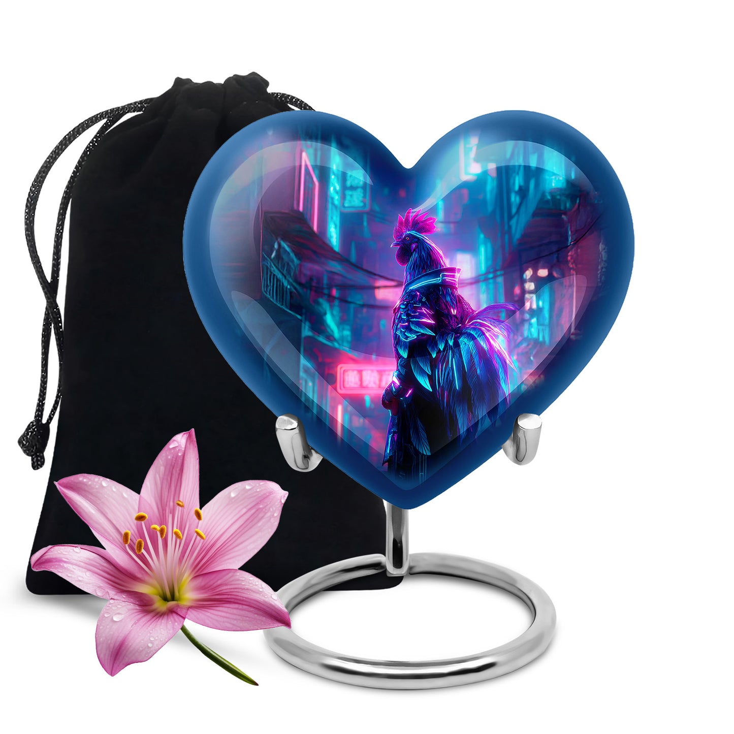 Vivid Blue Hen Cremation Urn detail view - romantic heart urn with hen motif on aluminum - full-size 10 inch 200 cubic inch adult cremation urn
