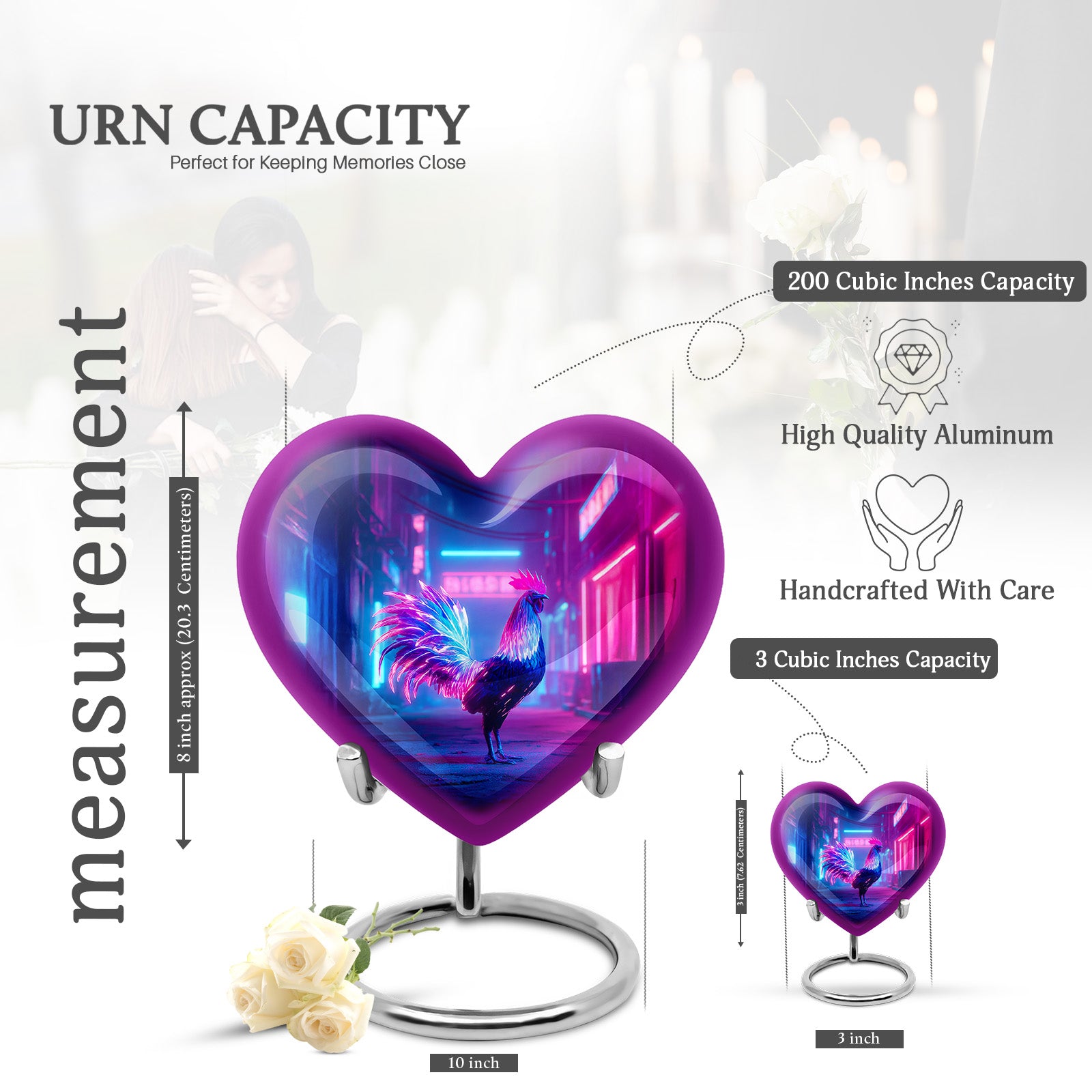 Serene Blue Hen Cremation Urn front view showing detailed design - romantic heart urn with hen motif on aluminum - mini keepsake memorial for portion of cremation ashes