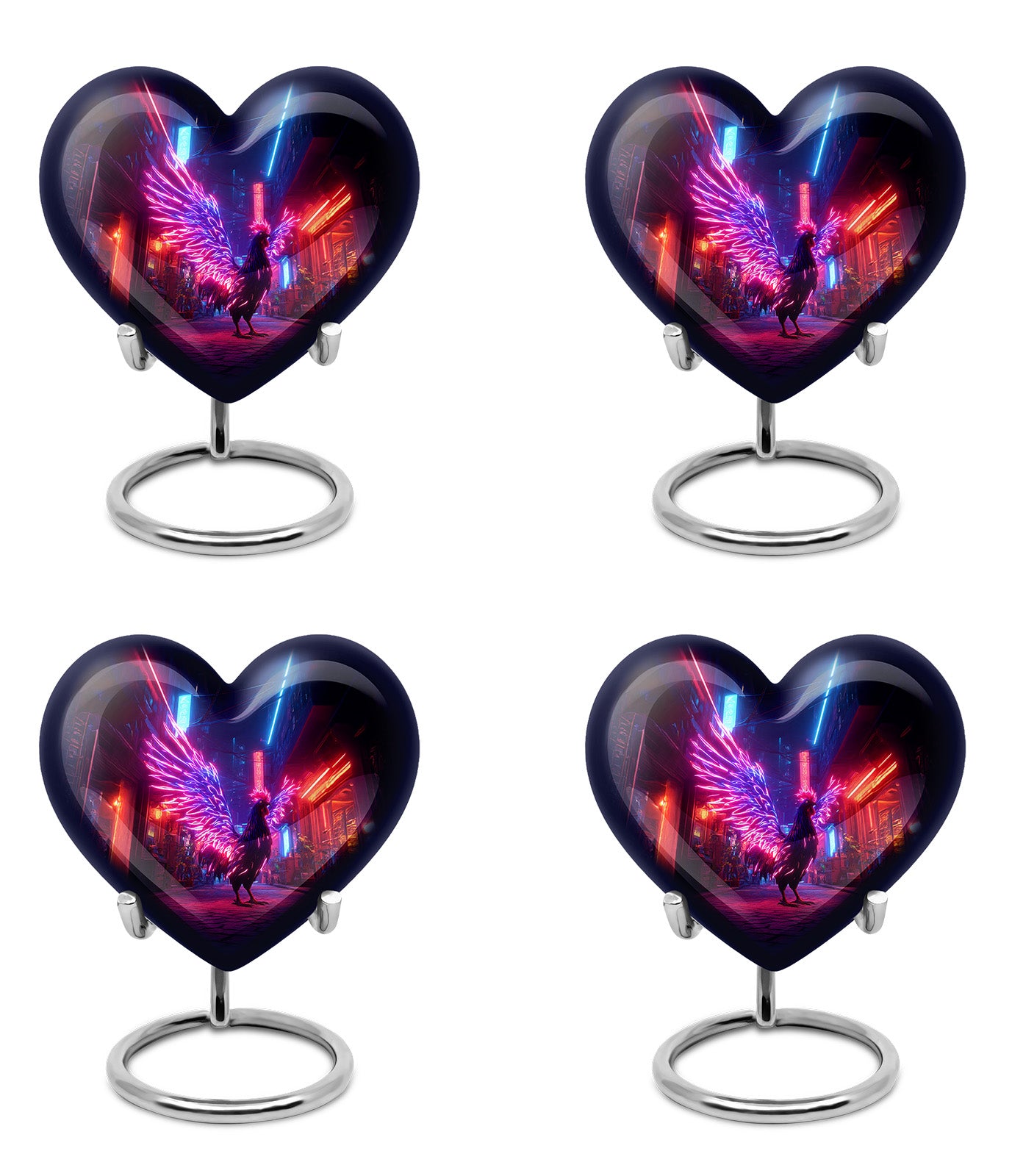 Indigo Hen Cremation Urn angled view of lid and engraved motif - heart-shaped hen design symbolizing eternal love - 10 inch aluminum urn for cremated remains