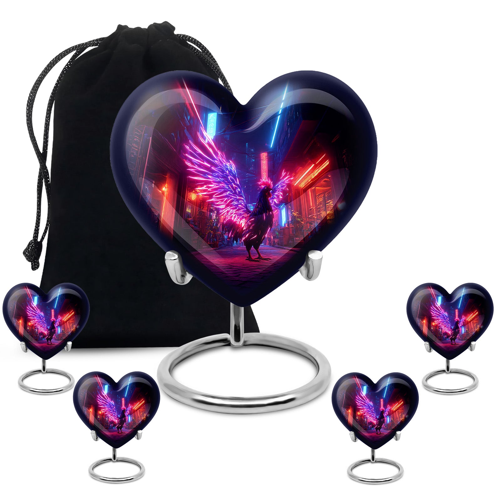 Indigo Hen Cremation Urn close-up of engraving and surface detail - loving heart memorial featuring hen pattern - memorial set with one large and four small urns