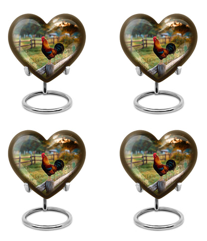 Antique Gold Hen Cremation Urn angled view of lid and engraved motif - loving heart memorial featuring hen pattern - 10 inch aluminum urn for cremated remains