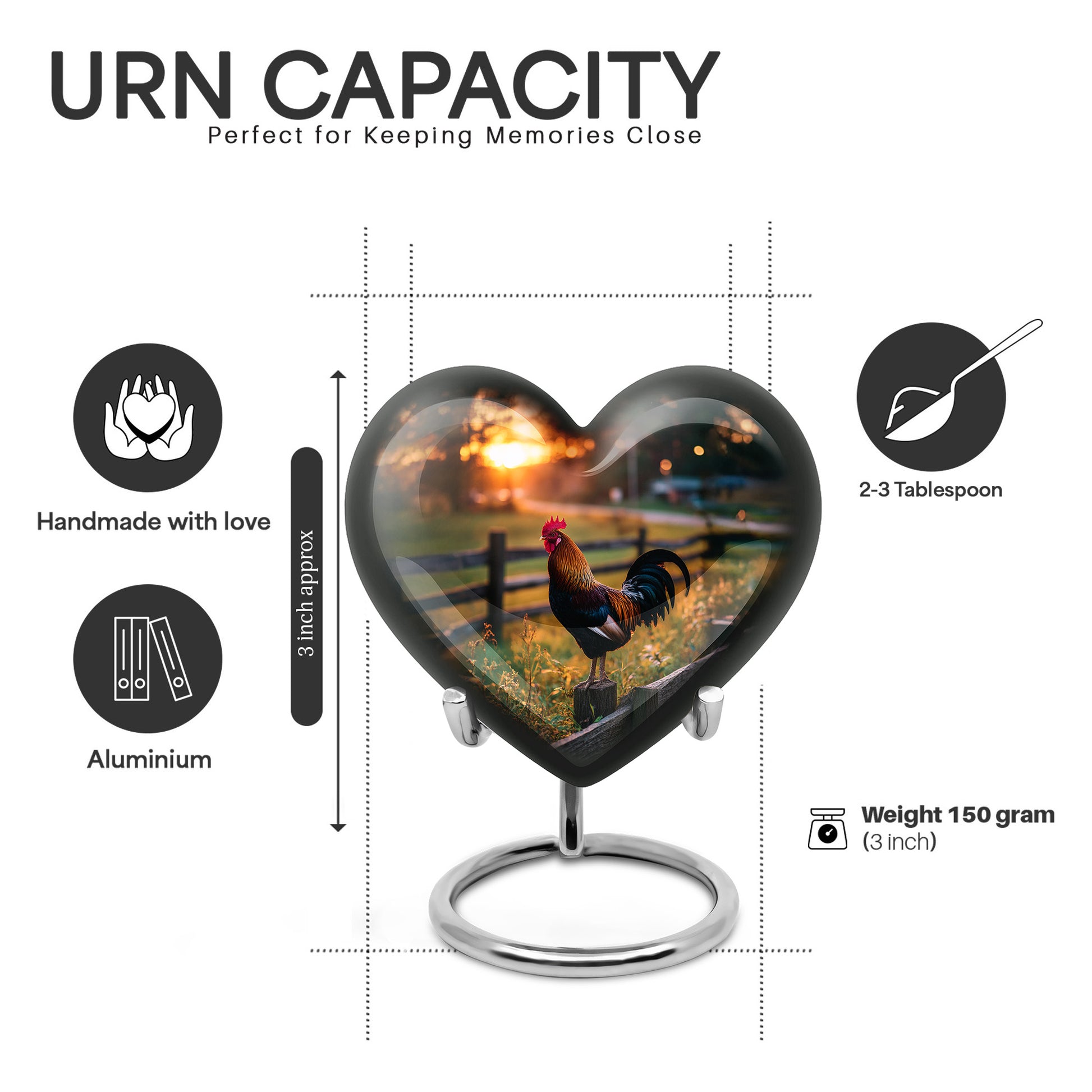 Midnight Black Hen Cremation Urn front view showing detailed design - compassionate heart-hen combination with gentle curves - mini keepsake memorial for portion of cremation ashes