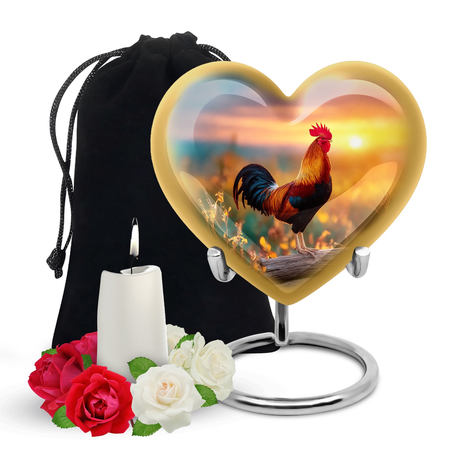 Vivid Blue Hen Cremation Urn detail view - romantic heart urn with hen motif on aluminum - full-size 10 inch 200 cubic inch adult cremation urn
