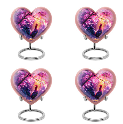 Petal Pink Hen Cremation Urn angled view of lid and engraved motif - romantic heart urn with hen motif on aluminum - 10 inch aluminum urn for cremated remains