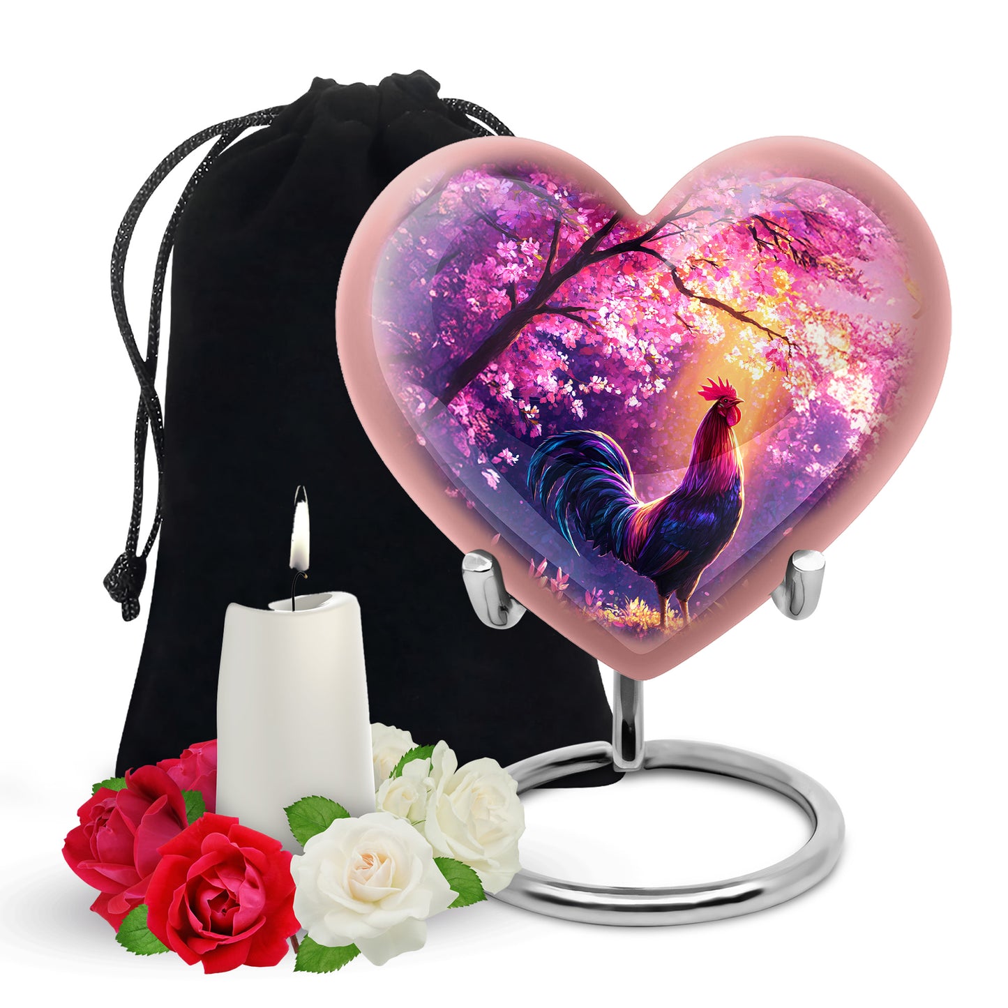 Salmon Pink Hen Cremation Urn detail view - romantic heart urn with hen motif on aluminum - full-size 10 inch 200 cubic inch adult cremation urn