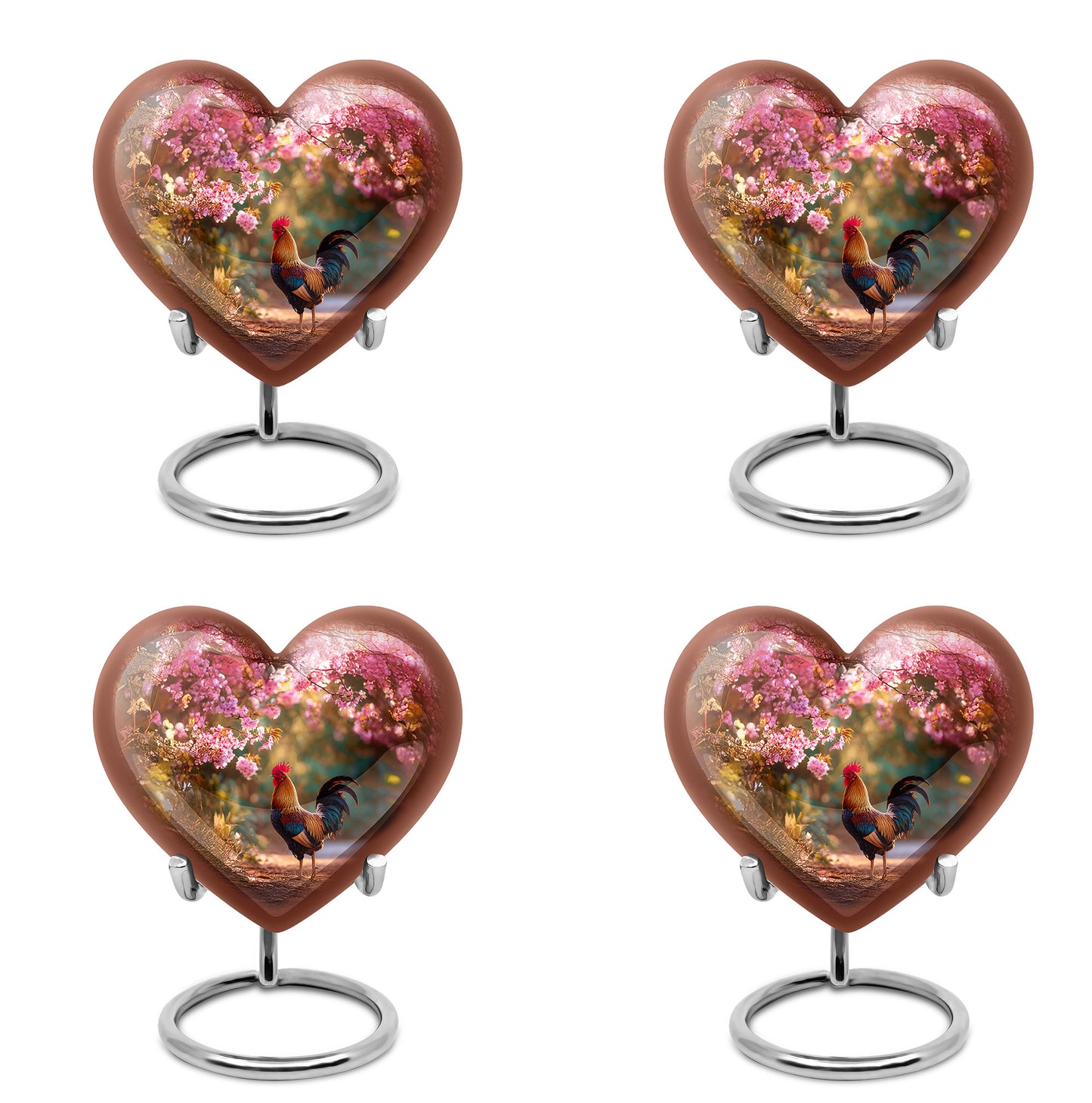 Deep Red Hen Cremation Urn angled view of lid and engraved motif - heart-shaped hen design symbolizing eternal love - 10 inch aluminum urn for cremated remains