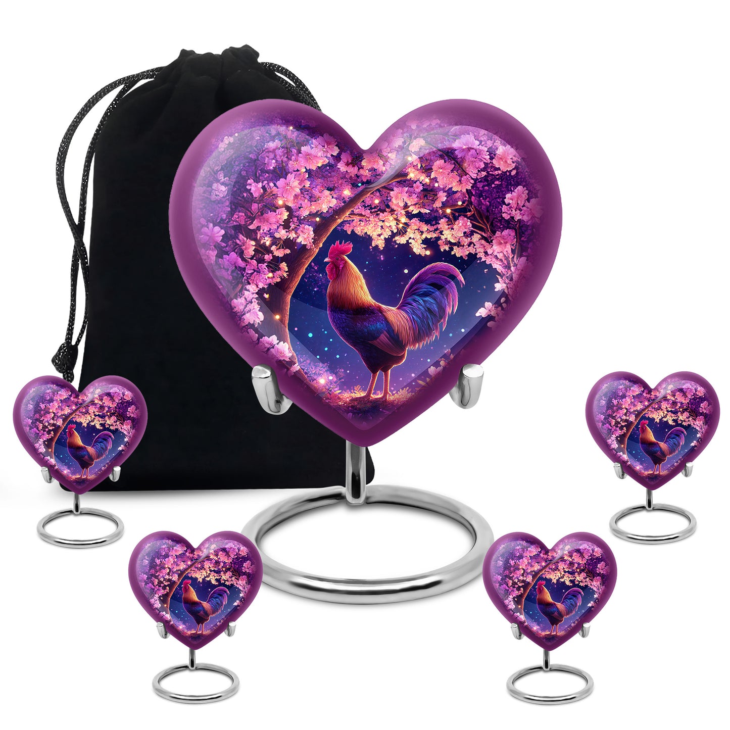 Coral Pink Hen Cremation Urn close-up of engraving and surface detail - heart-shaped hen design symbolizing eternal love - memorial set with one large and four small urns