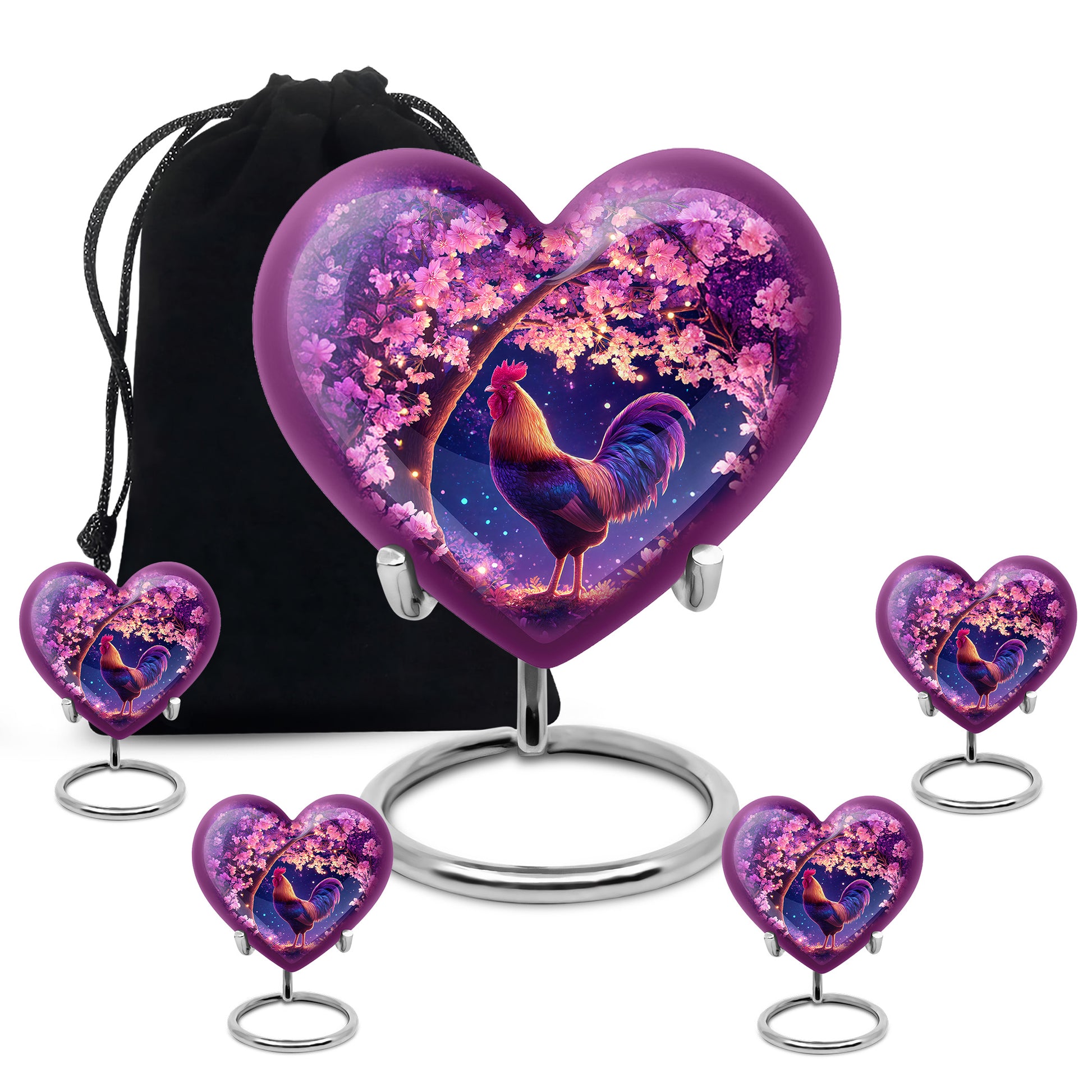 Coral Pink Hen Cremation Urn close-up of engraving and surface detail - heart-shaped hen design symbolizing eternal love - memorial set with one large and four small urns
