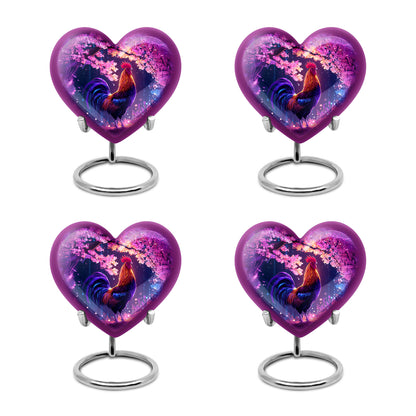 Plum Purple Hen Cremation Urn angled view of lid and engraved motif - loving heart memorial featuring hen pattern - 10 inch aluminum urn for cremated remains