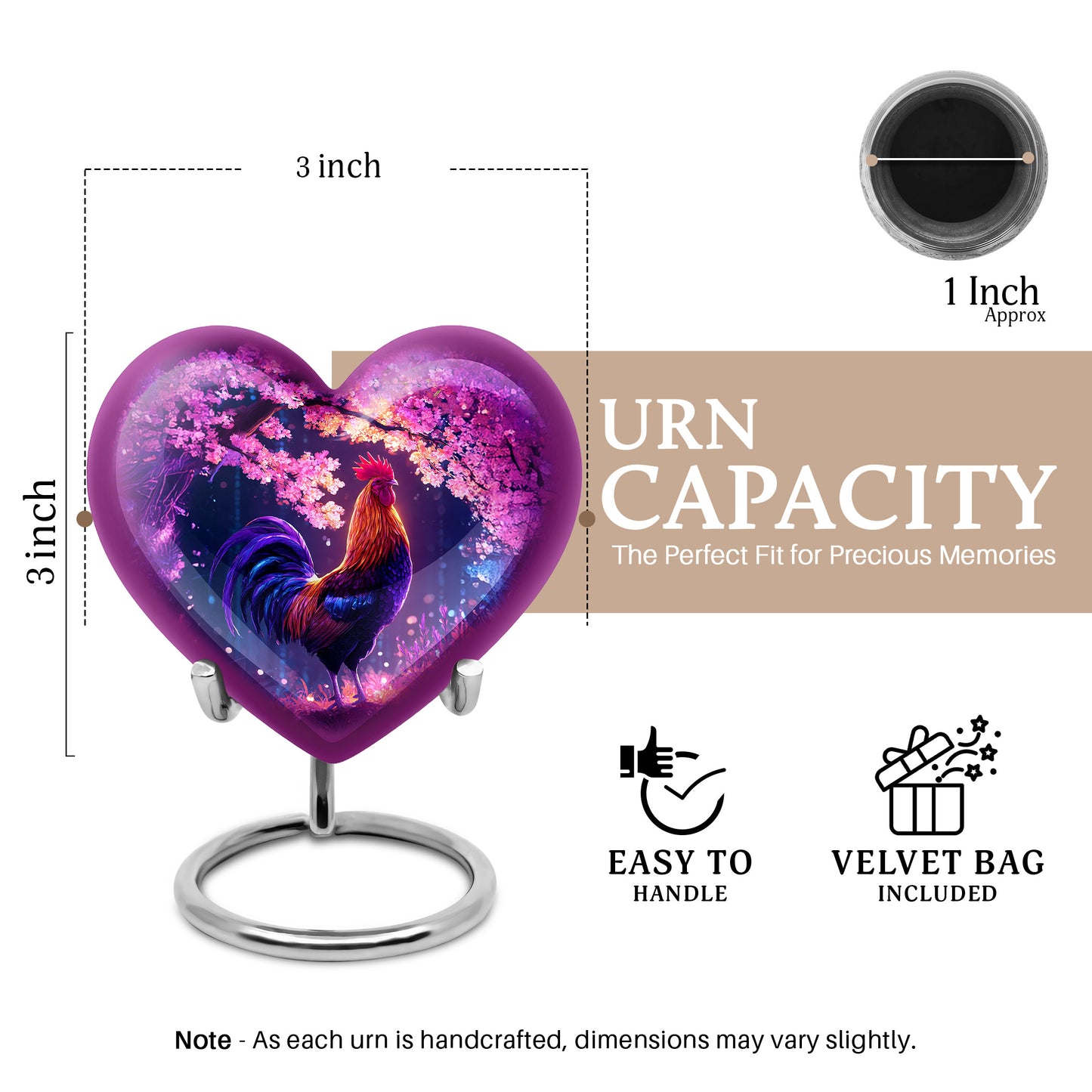 Lavender Purple Hen Cremation Urn front view showing detailed design - romantic heart urn with hen motif on aluminum - mini keepsake memorial for portion of cremation ashes