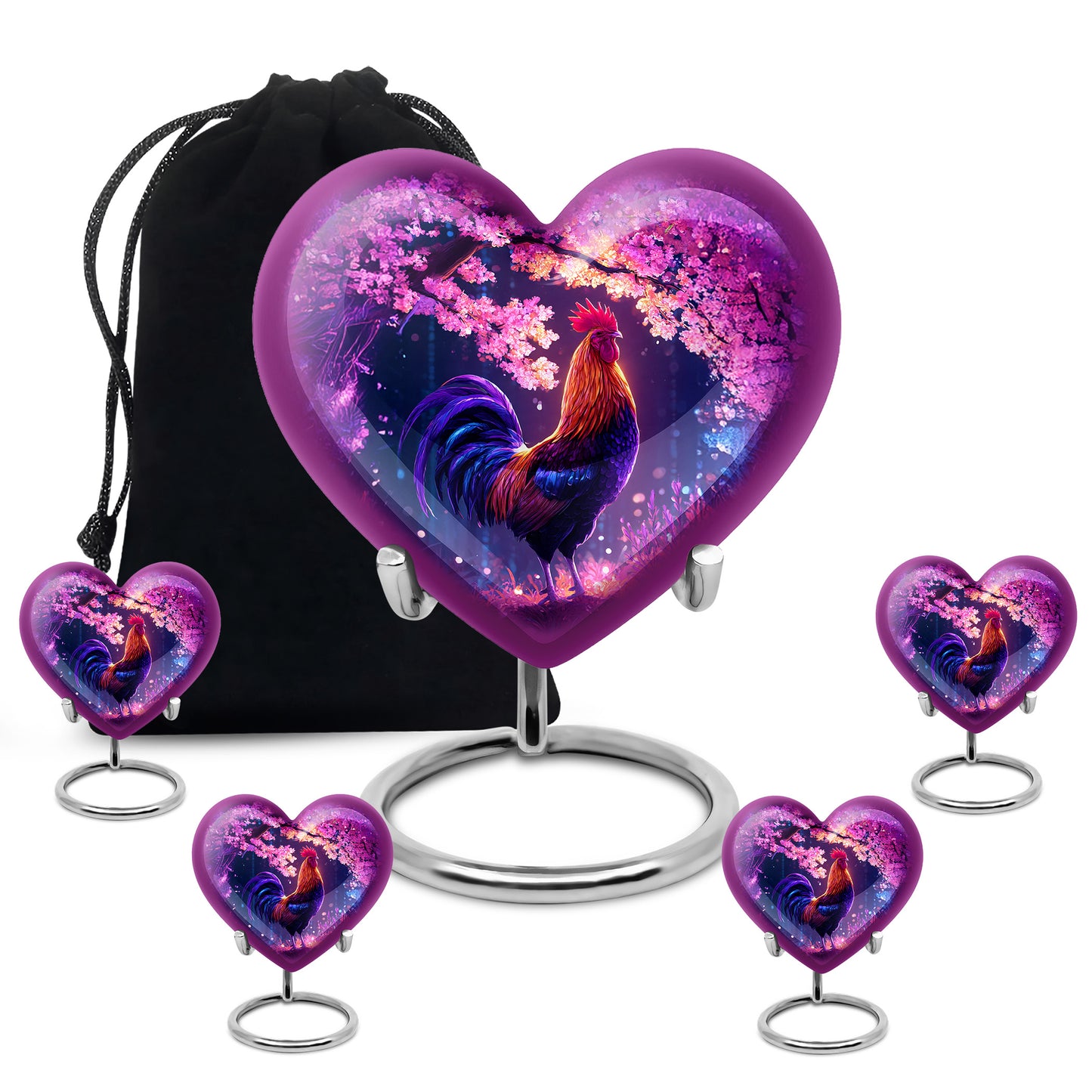 Lavender Purple Hen Cremation Urn close-up of engraving and surface detail - compassionate heart-hen combination with gentle curves - memorial set with one large and four small urns