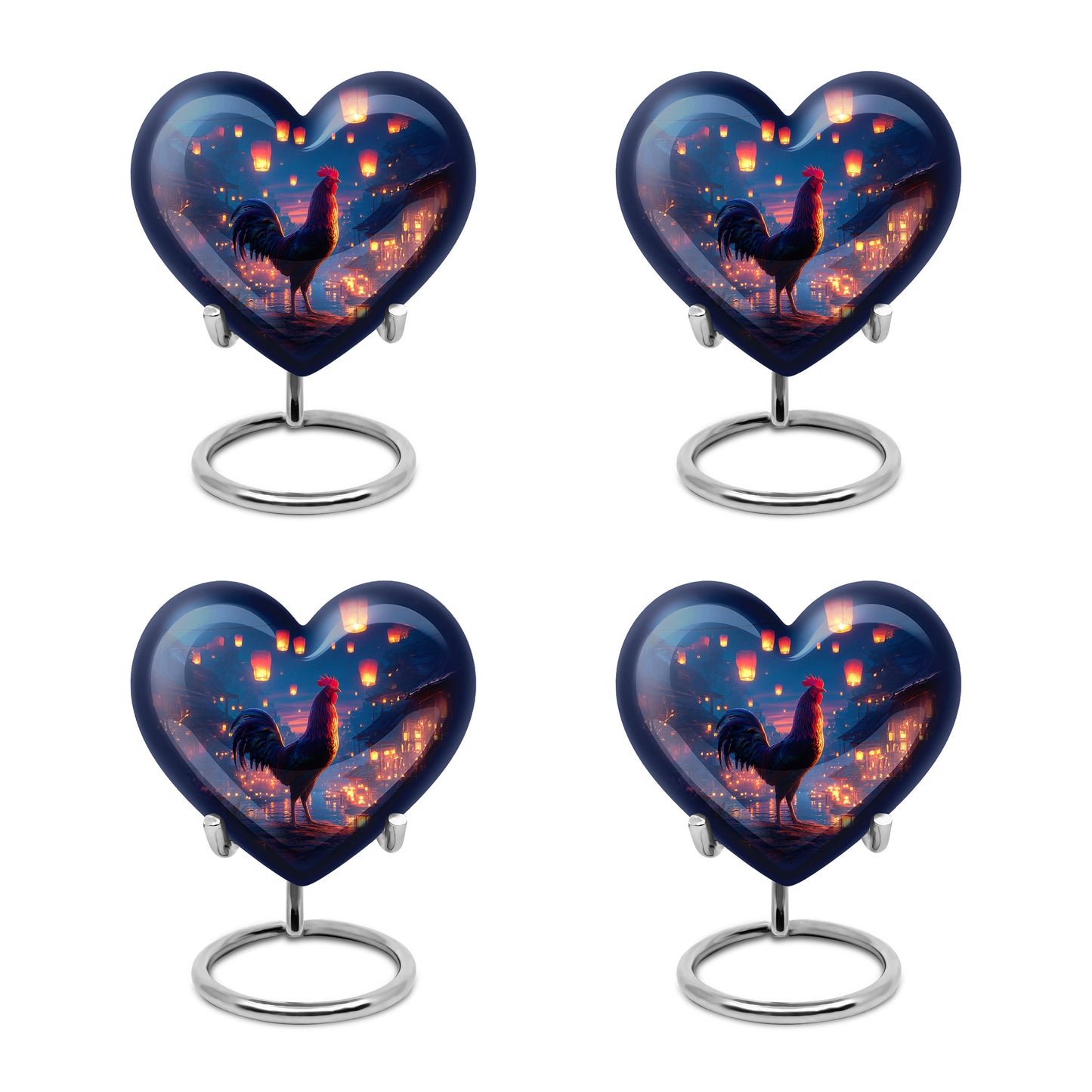 Pastel Blue Hen Cremation Urn angled view of lid and engraved motif - loving heart memorial featuring hen pattern - 10 inch aluminum urn for cremated remains