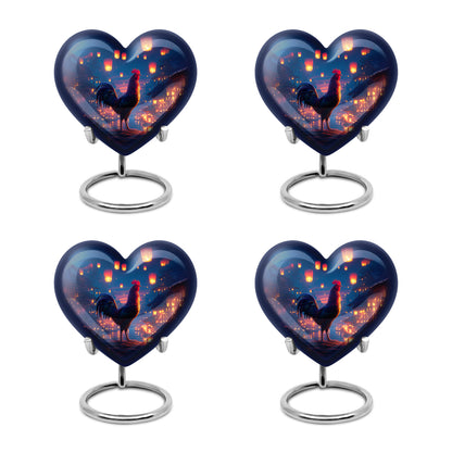 Pastel Blue Hen Cremation Urn angled view of lid and engraved motif - loving heart memorial featuring hen pattern - 10 inch aluminum urn for cremated remains