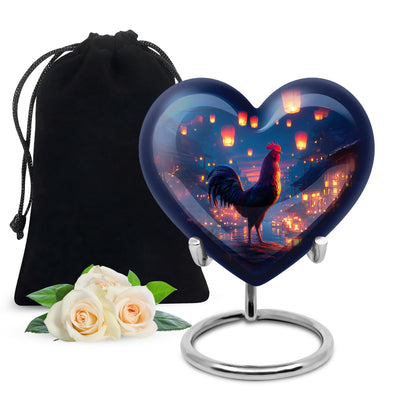 Steel Blue Hen Cremation Urn detail view - romantic heart urn with hen motif on aluminum - full-size 10 inch 200 cubic inch adult cremation urn