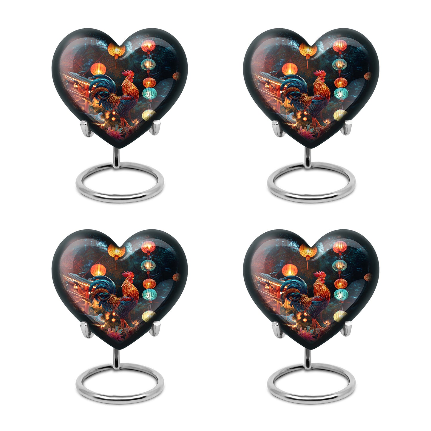 Sky Blue Hen Cremation Urn angled view of lid and engraved motif - heart-shaped hen design symbolizing eternal love - 10 inch aluminum urn for cremated remains