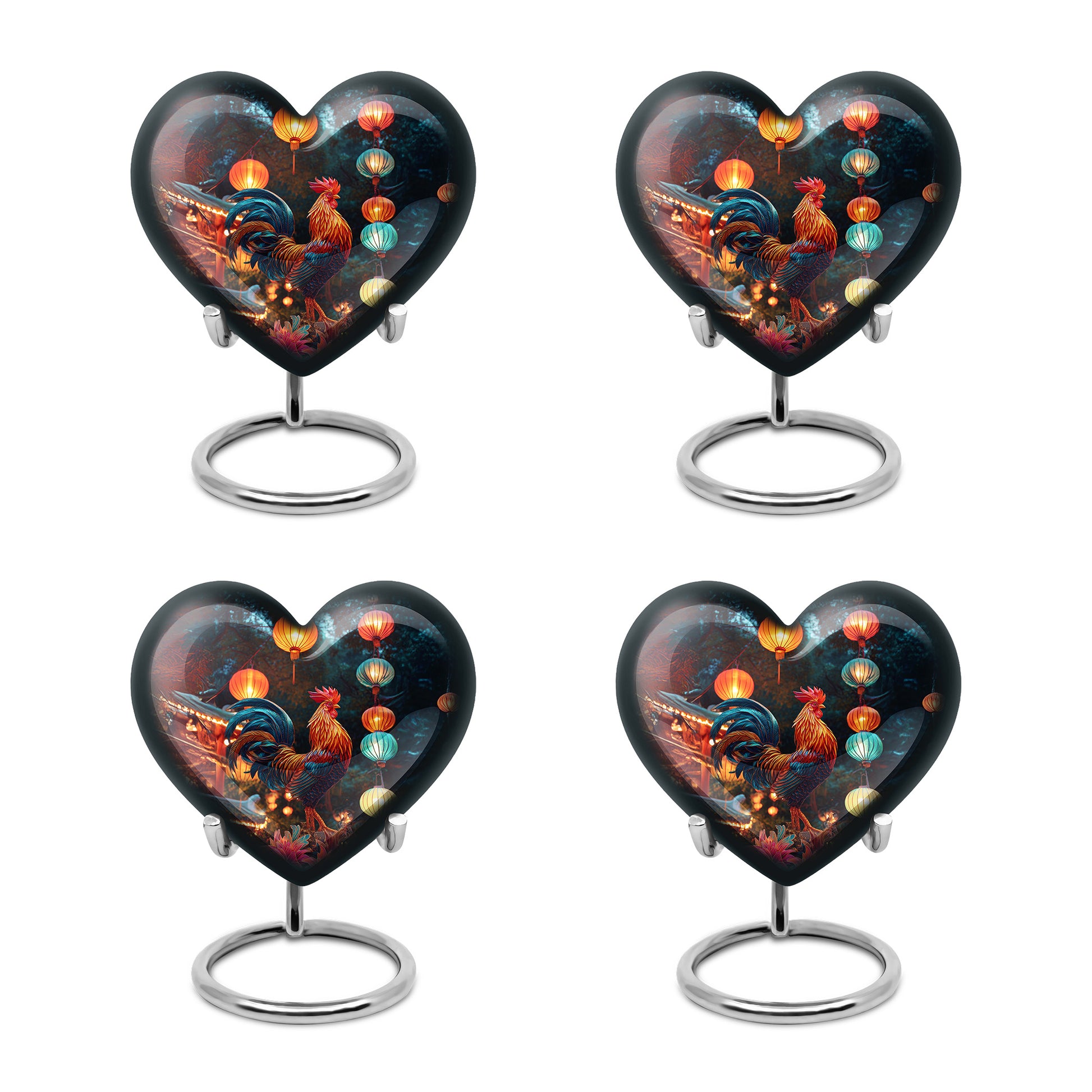 Sky Blue Hen Cremation Urn angled view of lid and engraved motif - heart-shaped hen design symbolizing eternal love - 10 inch aluminum urn for cremated remains