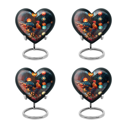 Sky Blue Hen Cremation Urn angled view of lid and engraved motif - heart-shaped hen design symbolizing eternal love - 10 inch aluminum urn for cremated remains