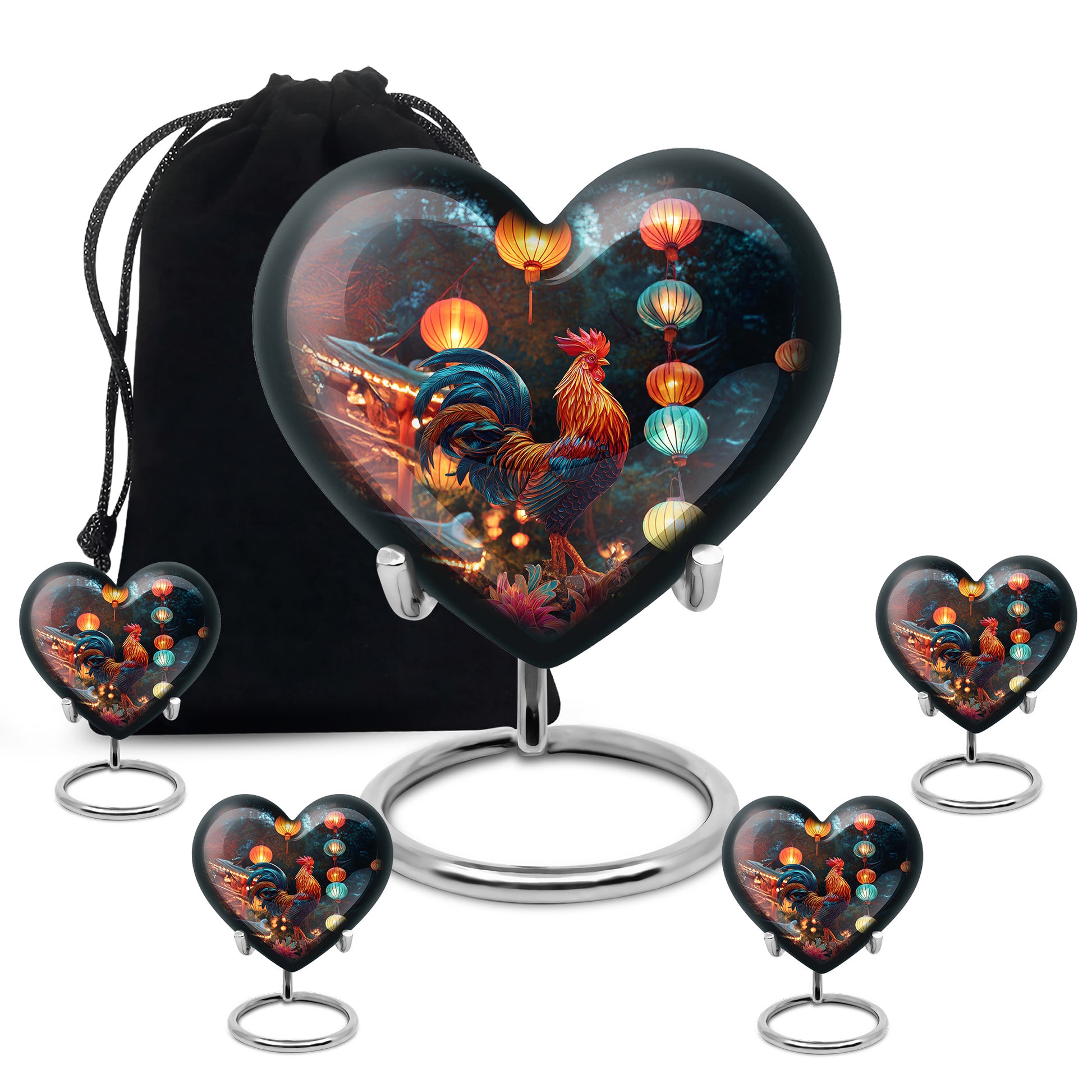 Azure Hen Cremation Urn close-up of engraving and surface detail - heart-shaped hen design symbolizing eternal love - memorial set with one large and four small urns