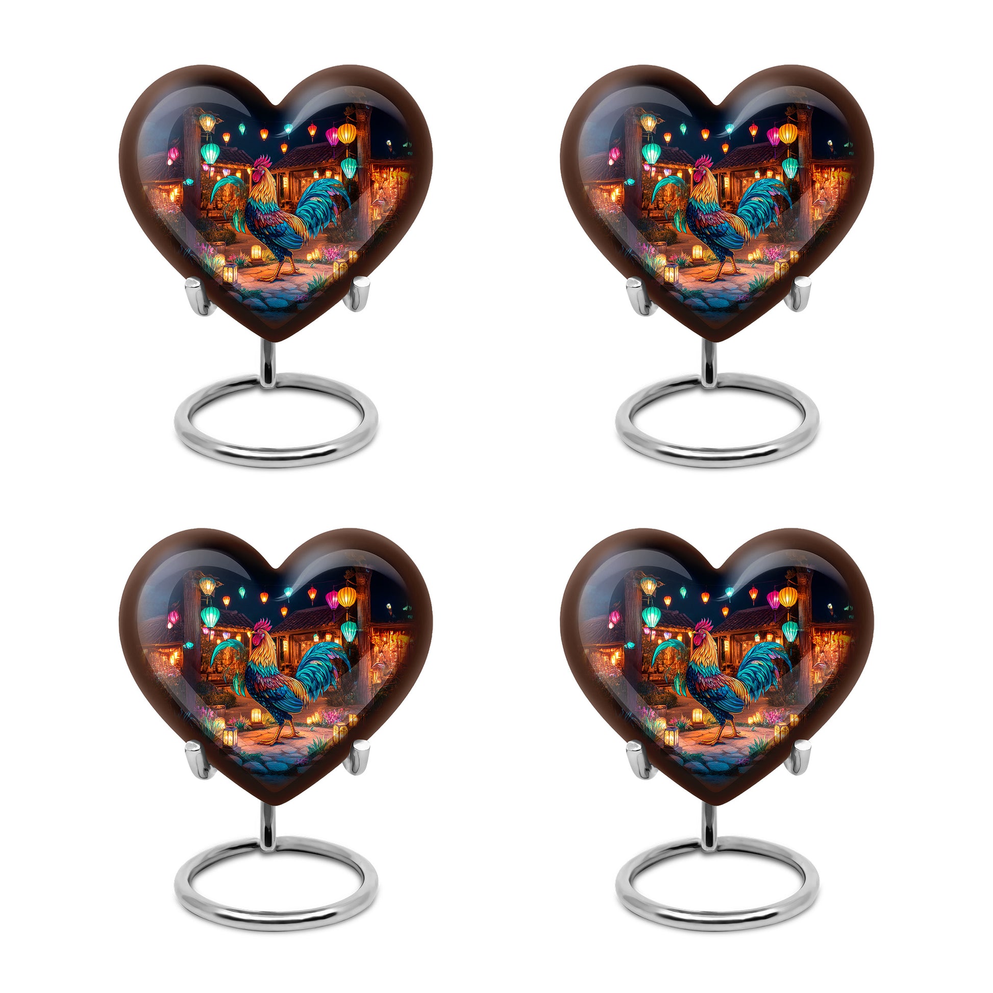 Midnight Black Hen Cremation Urn angled view of lid and engraved motif - romantic heart urn with hen motif on aluminum - 10 inch aluminum urn for cremated remains