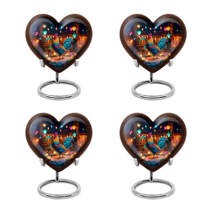 Midnight Black Hen Cremation Urn angled view of lid and engraved motif - romantic heart urn with hen motif on aluminum - 10 inch aluminum urn for cremated remains