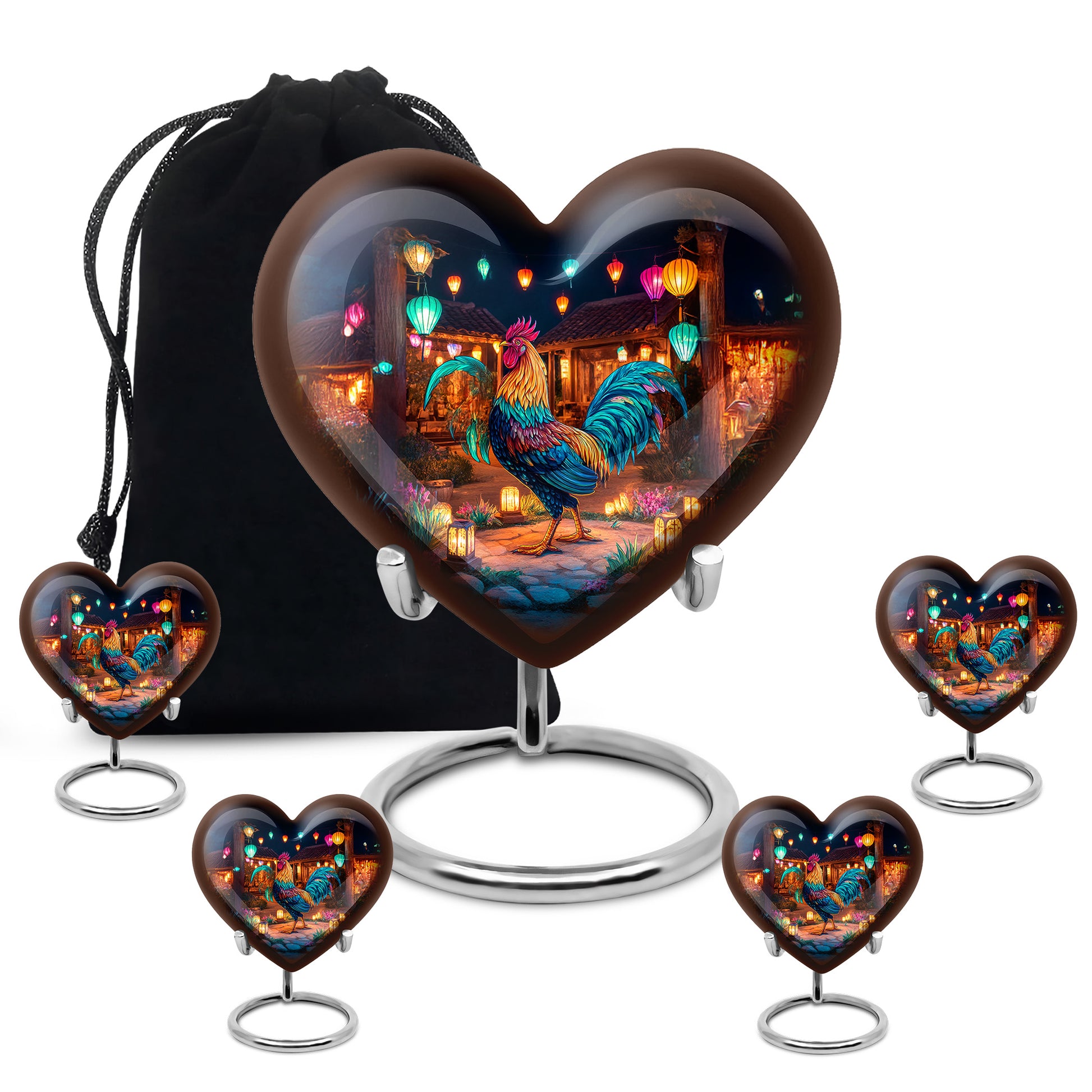 Deep Black Hen Cremation Urn close-up of engraving and surface detail - loving heart memorial featuring hen pattern - memorial set with one large and four small urns