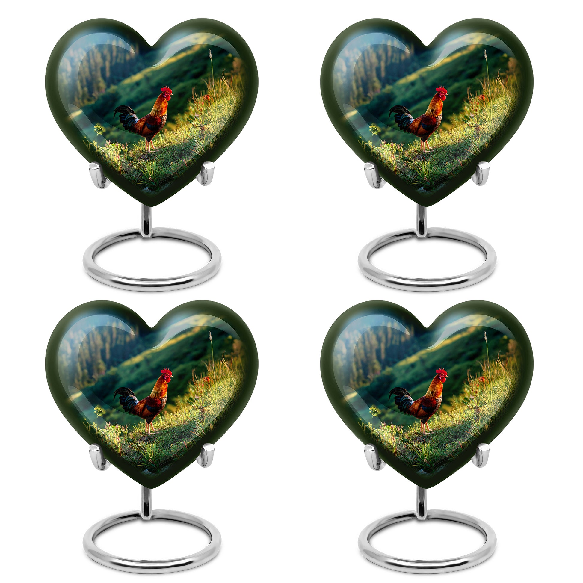 Dusty Blue Hen Cremation Urn angled view of lid and engraved motif - heart-shaped hen design symbolizing eternal love - 10 inch aluminum urn for cremated remains