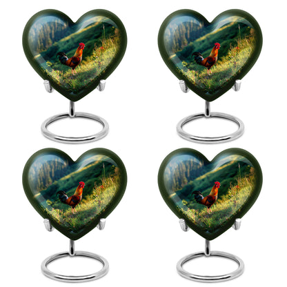 Dusty Blue Hen Cremation Urn angled view of lid and engraved motif - heart-shaped hen design symbolizing eternal love - 10 inch aluminum urn for cremated remains