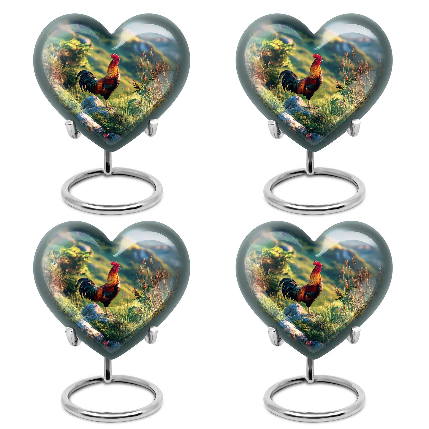 Navy Blue Hen Cremation Urn angled view of lid and engraved motif - heart-shaped hen design symbolizing eternal love - 10 inch aluminum urn for cremated remains
