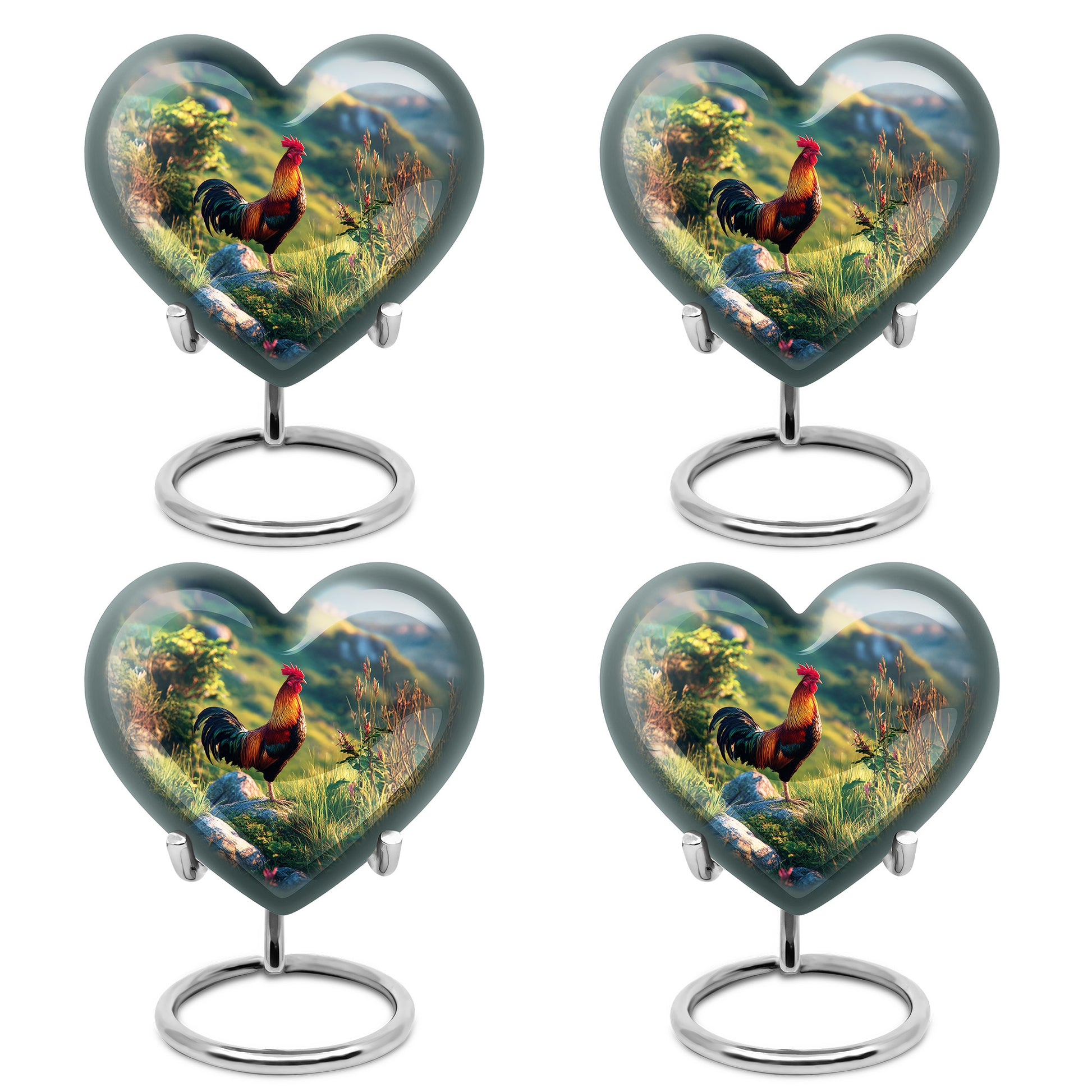 Navy Blue Hen Cremation Urn angled view of lid and engraved motif - heart-shaped hen design symbolizing eternal love - 10 inch aluminum urn for cremated remains
