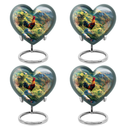 Navy Blue Hen Cremation Urn angled view of lid and engraved motif - heart-shaped hen design symbolizing eternal love - 10 inch aluminum urn for cremated remains