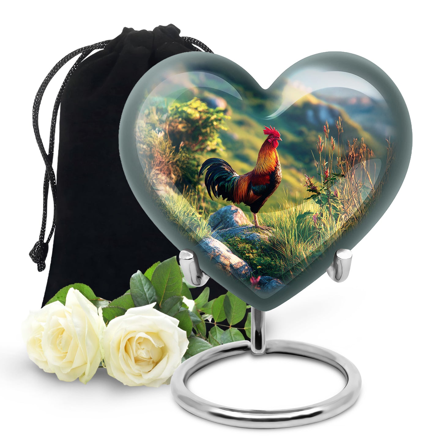 Cornflower Blue Hen Cremation Urn detail view - romantic heart urn with hen motif on aluminum - full-size 10 inch 200 cubic inch adult cremation urn