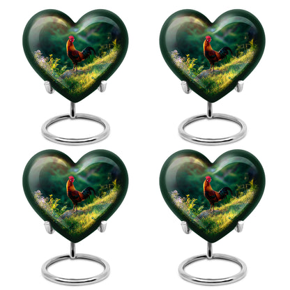 Antique Gold Hen Cremation Urn angled view of lid and engraved motif - heart-shaped hen design symbolizing eternal love - 10 inch aluminum urn for cremated remains