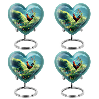 Soft Teal Hen Cremation Urn angled view of lid and engraved motif - loving heart memorial featuring hen pattern - 10 inch aluminum urn for cremated remains