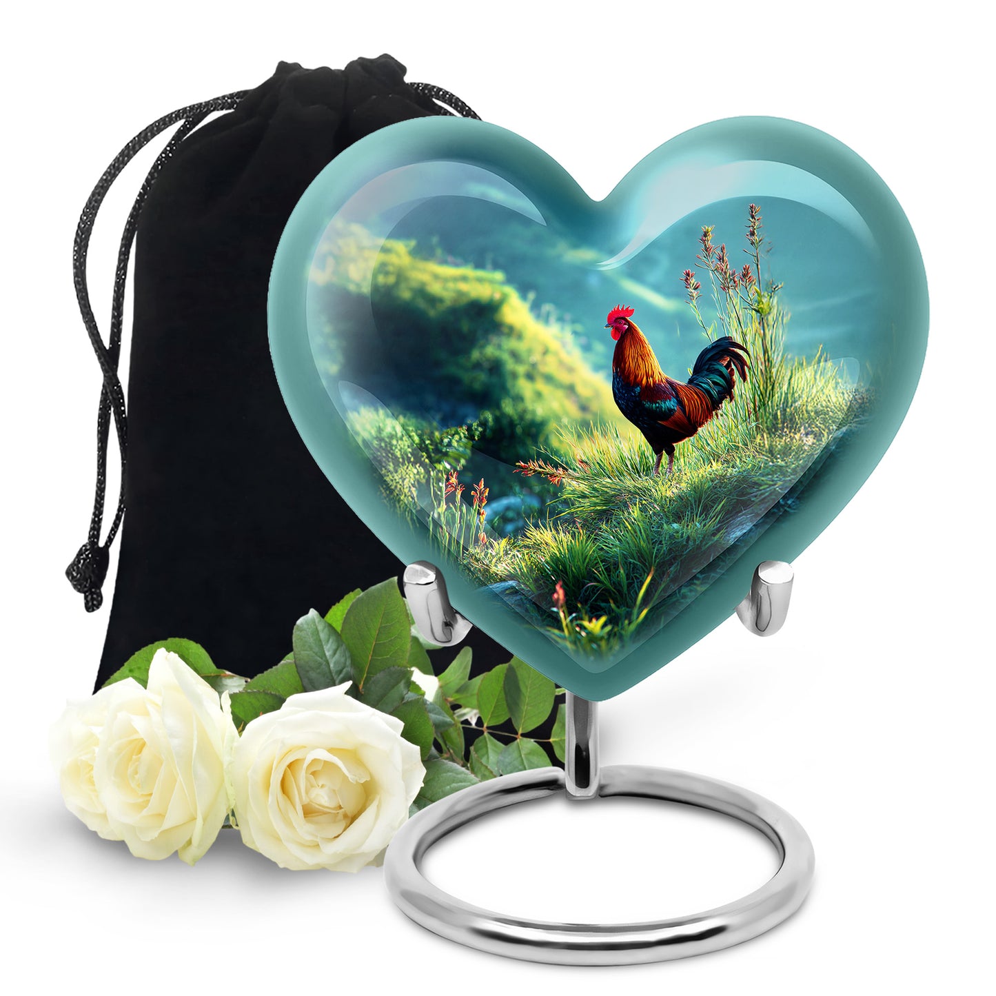 Ocean Teal Hen Cremation Urn detail view - loving heart memorial featuring hen pattern - full-size 10 inch 200 cubic inch adult cremation urn