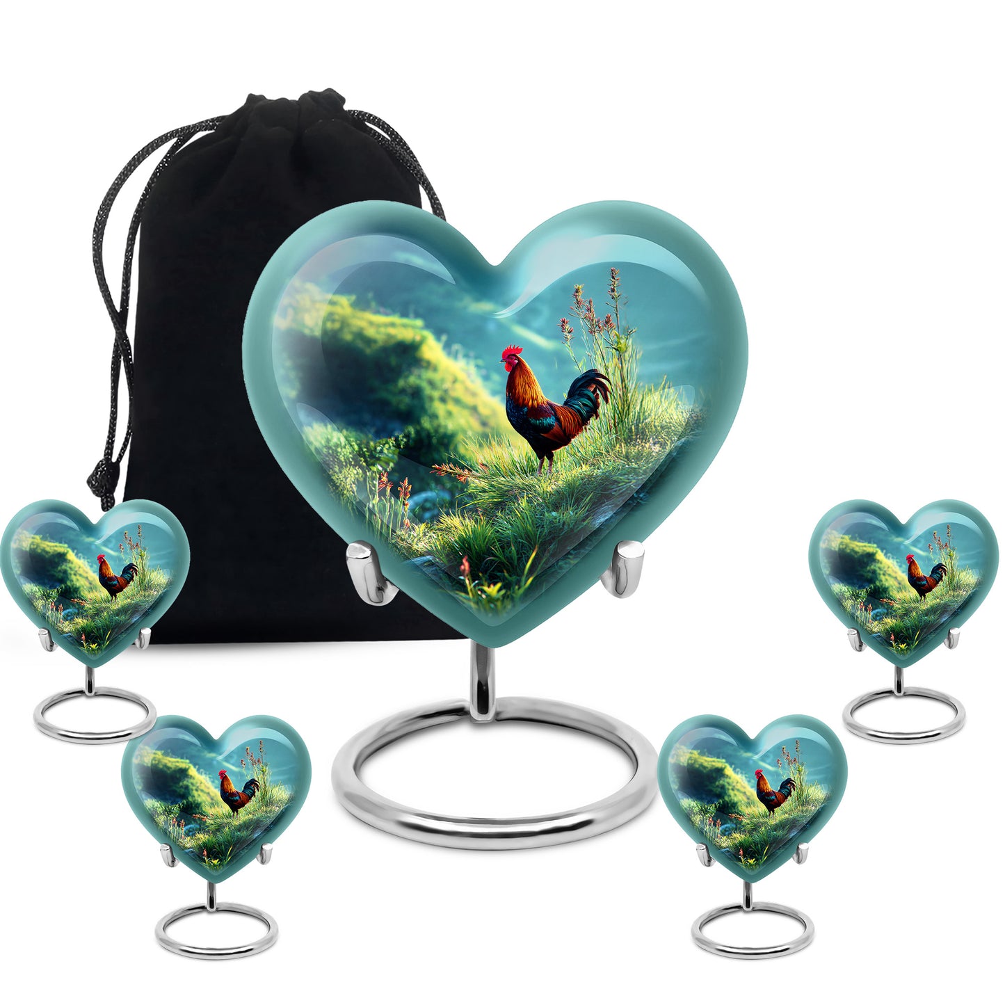 Deep Teal Hen Cremation Urn close-up of engraving and surface detail - romantic heart urn with hen motif on aluminum - memorial set with one large and four small urns