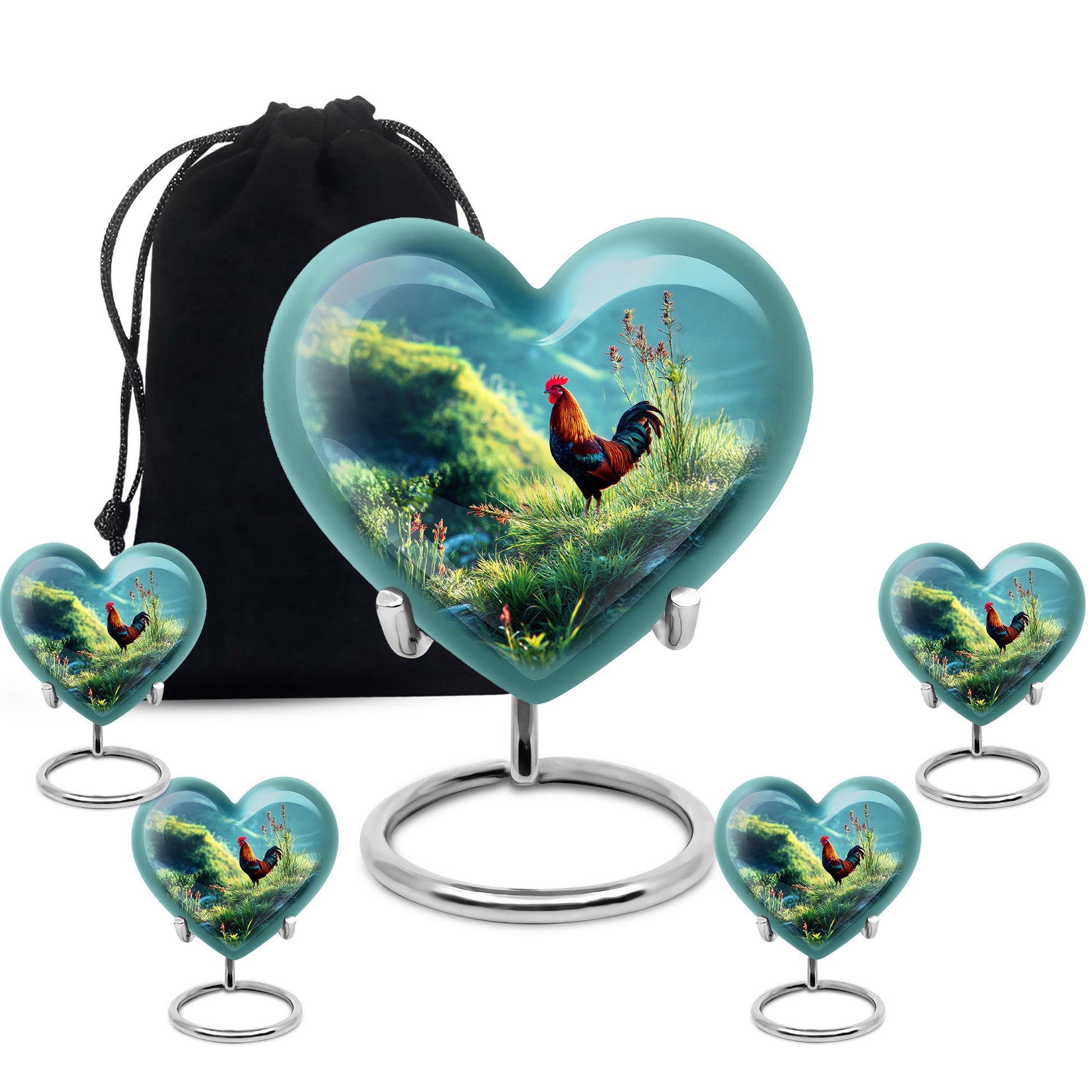 Deep Teal Hen Cremation Urn close-up of engraving and surface detail - romantic heart urn with hen motif on aluminum - memorial set with one large and four small urns