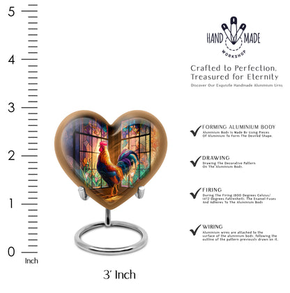 Obsidian Black Hen Cremation Urn front view showing detailed design - romantic heart urn with hen motif on aluminum - mini keepsake memorial for portion of cremation ashes