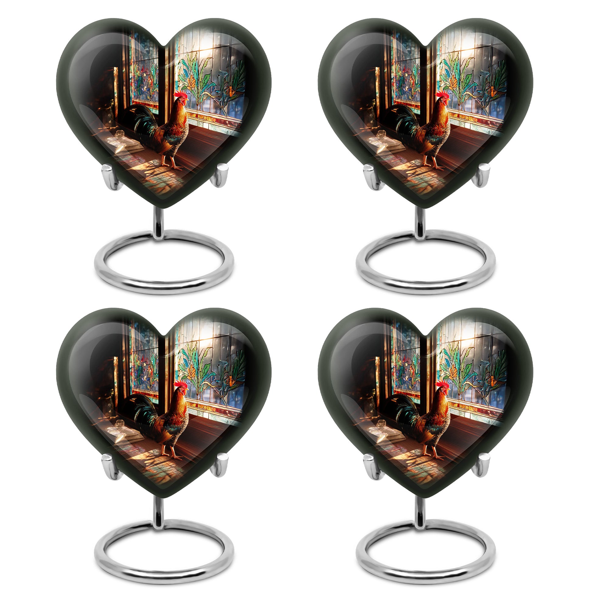 Onyx Black Hen Cremation Urn angled view of lid and engraved motif - romantic heart urn with hen motif on aluminum - 10 inch aluminum urn for cremated remains