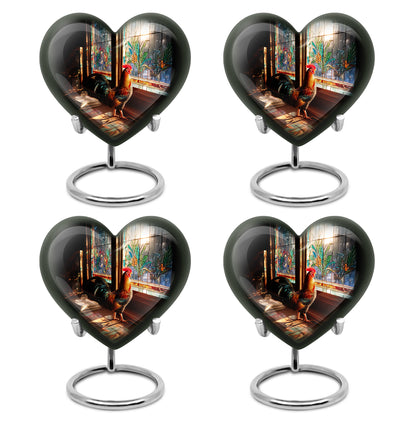 Onyx Black Hen Cremation Urn angled view of lid and engraved motif - romantic heart urn with hen motif on aluminum - 10 inch aluminum urn for cremated remains