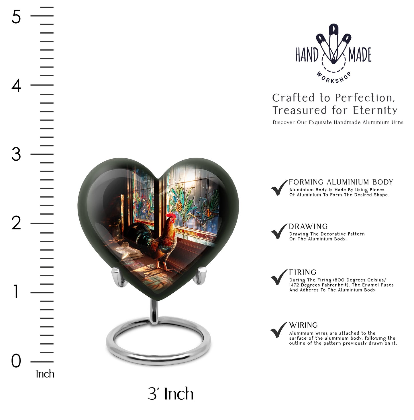 Charcoal Black Hen Cremation Urn front view showing detailed design - romantic heart urn with hen motif on aluminum - mini keepsake memorial for portion of cremation ashes