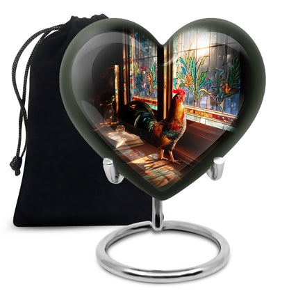 Onyx Black Hen Cremation Urn detail view - romantic heart urn with hen motif on aluminum - full-size 10 inch 200 cubic inch adult cremation urn