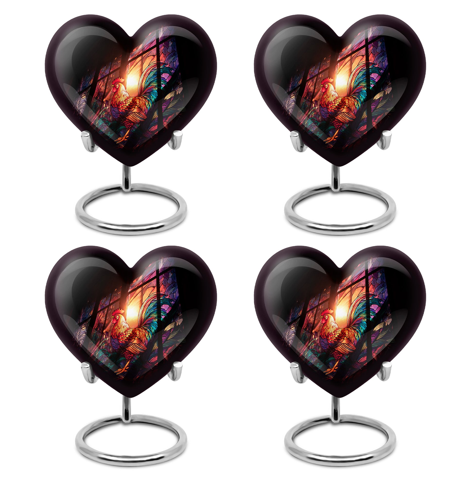 Obsidian Black Hen Cremation Urn angled view of lid and engraved motif - romantic heart urn with hen motif on aluminum - 10 inch aluminum urn for cremated remains