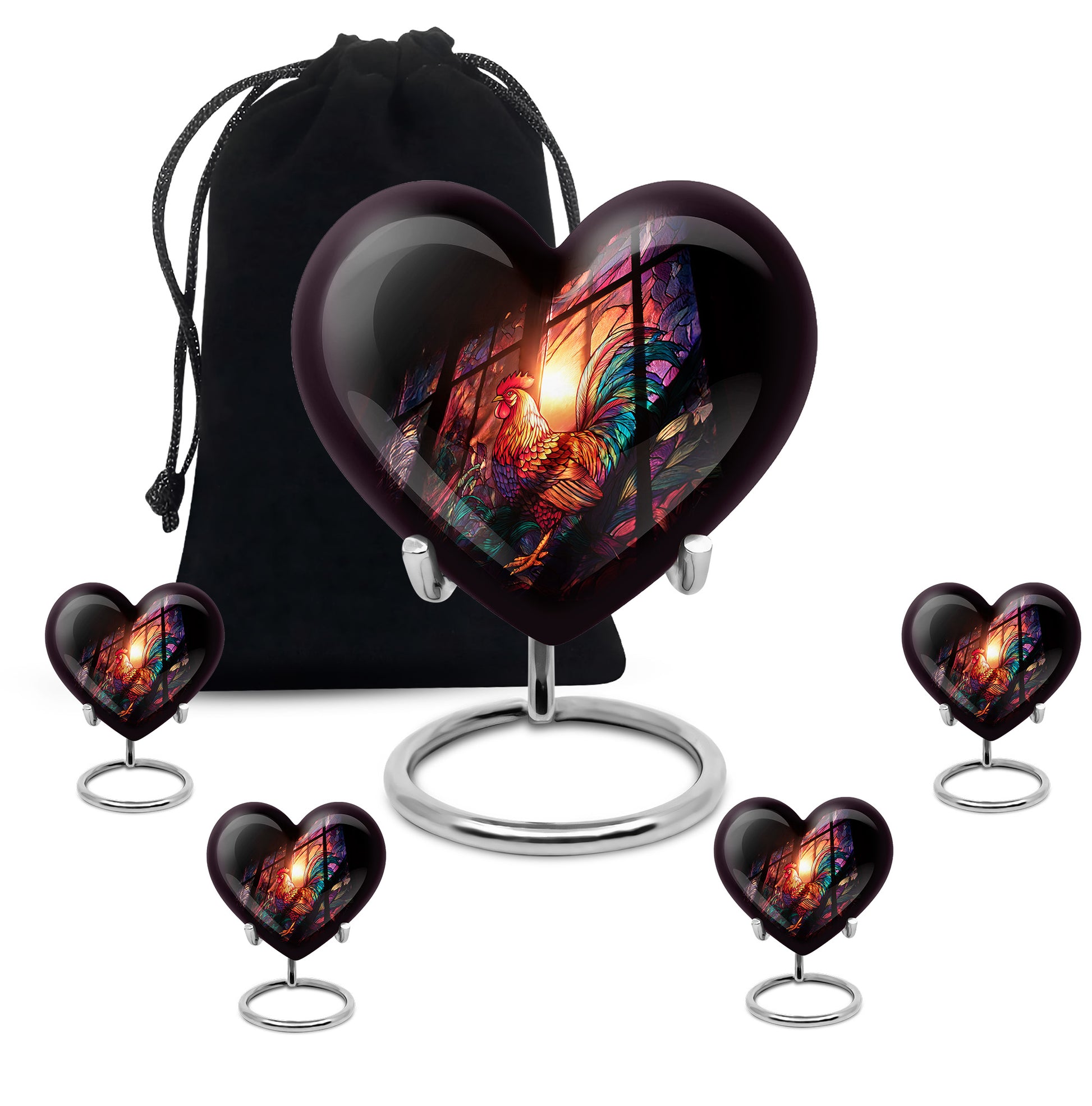 Charcoal Black Hen Cremation Urn close-up of engraving and surface detail - romantic heart urn with hen motif on aluminum - memorial set with one large and four small urns